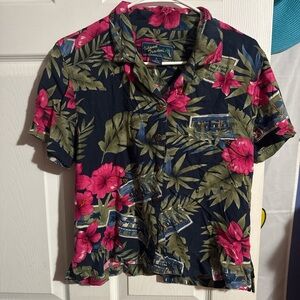 Women’s  Navy Floral Camp Shirt - Pink Hibiscus Print